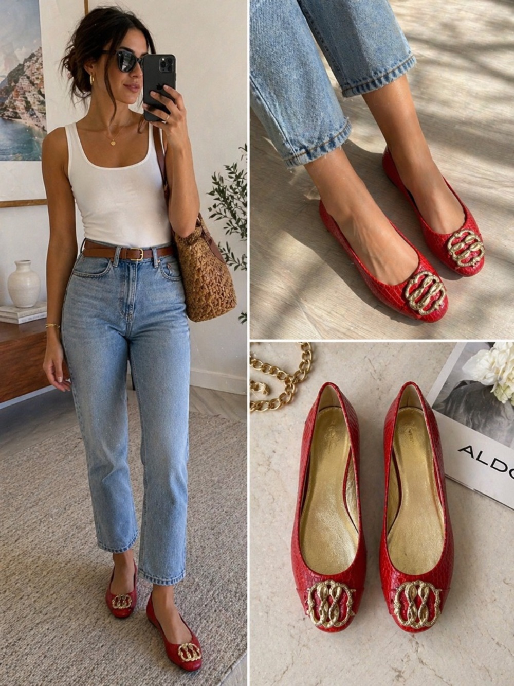 Aldo Red Embossed Ballet Flats with Gold Toe Emblem